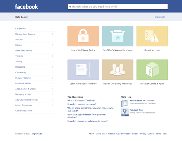 Nuovo centro assistenza Facebook 2012