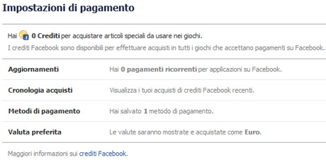 Impostazioni di pagamento - Crediti Facebook