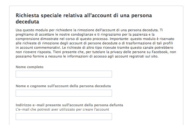 Richiesta relativa all'account di una persona deceduta