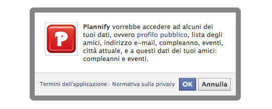 Applicazione Plannify Facebook